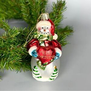 Lao Mai Christmas Ornament Blown Glass Snowman Holding Heart Holiday 5"